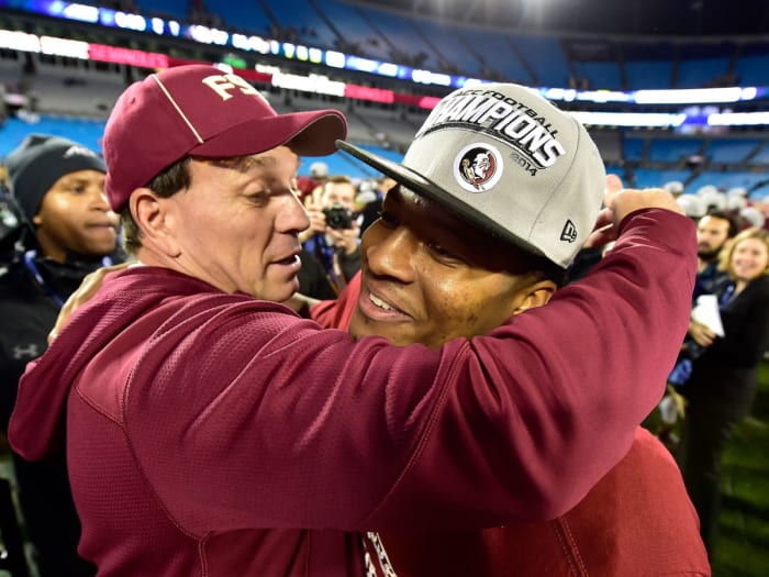 Jimbo Fisher hugs Jameis Winston after winning the national title